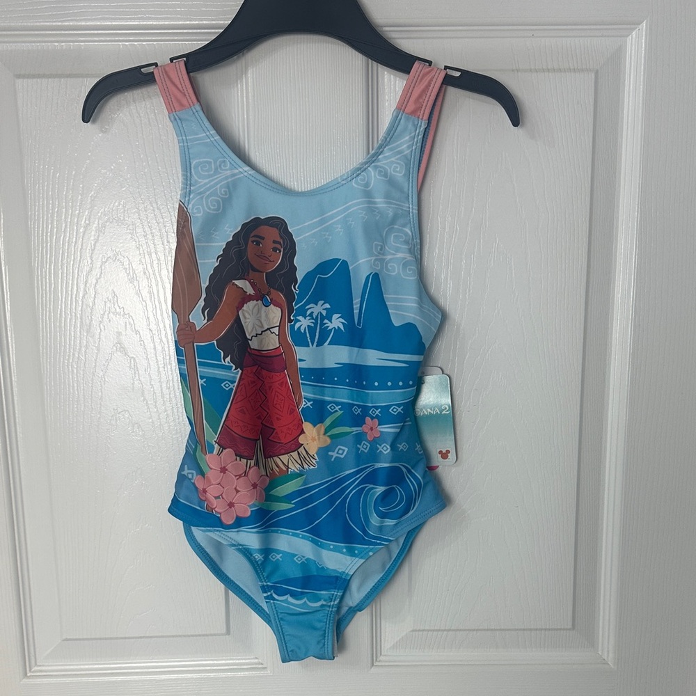 Disney Girls Light Blue and Pink Moana One-Piece Swimsuit